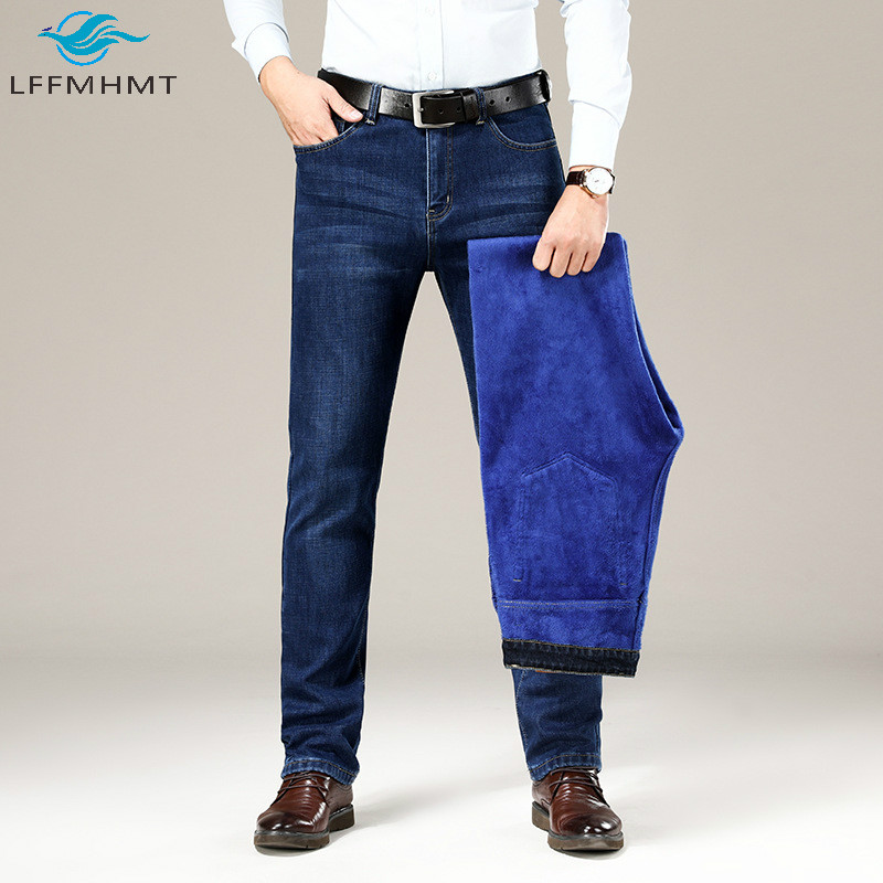 

Men Winter New Fashion Stretchy Fleece Denim Pant Male Slim Fit Straight Jeans Business Casual Warm Large Size Blue Jean Trouser, Fleece blue black