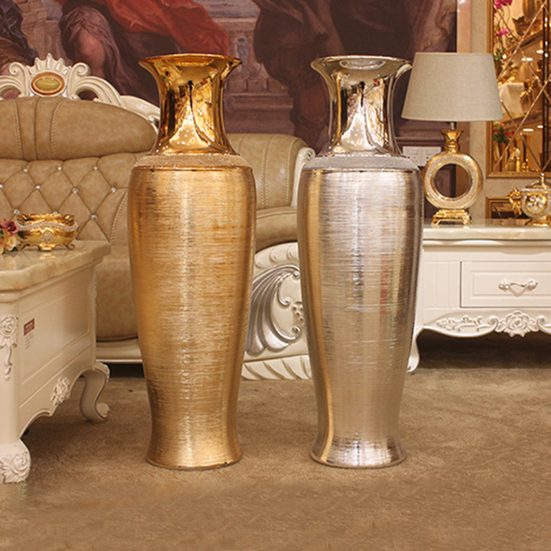 

European Style Luxury Vase Electroplated Golden Brushed Ceramic Floor-To-Ceiling Large Vase Silver Model House Decoration Home