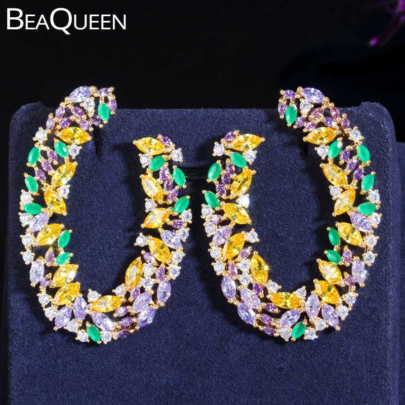 

BeaQueen Yellow Green Multicolored CZ Crystal Big Long Drop Boho Earrings for Women Full Cubic Zirconia Wedding Jewelry E369