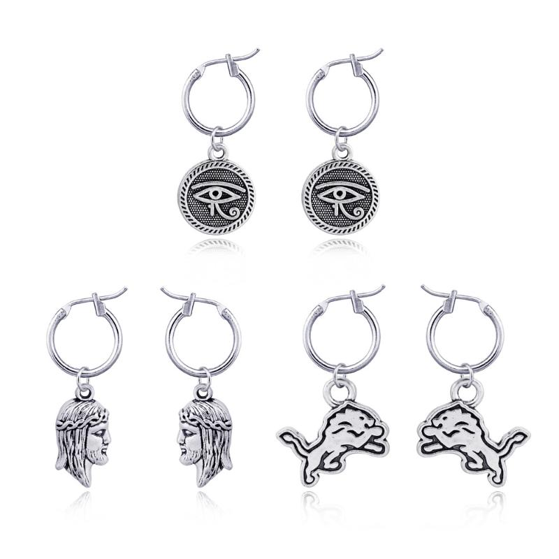 

1Pair Tribe Endless Circle Eyes Wolf Hoop Earrings With Pendant Women Jewelry Vintage Ethnic Metal Color Portrait Earring E571