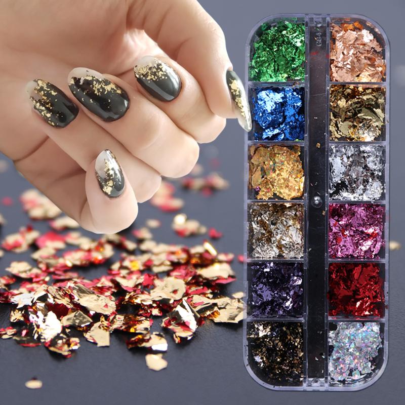 

12 Grid Irregular Sequins Flakes Aluminum Nail Foil Paillette Shiny Gold Silver Glitter Powder Sparkly Spangles Manicure SA950-1