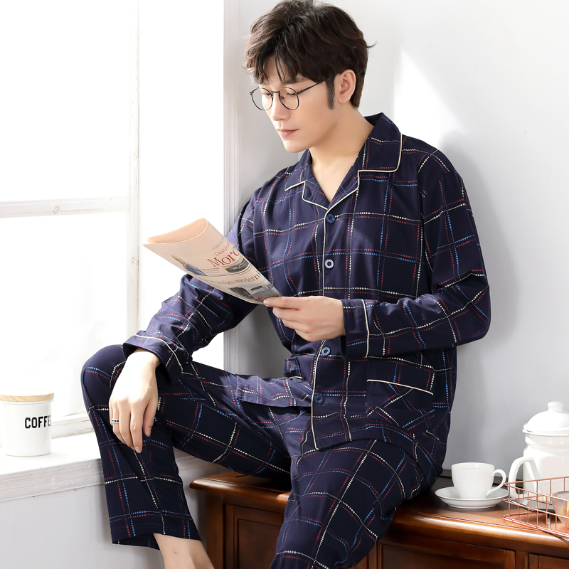 

Men Pajamas Set Spring Knitted Cotton Mens Sleepwear Striped Long Sleeve Turn-down Collar Plus Size 4XL Male Lounge Homewear, Rlm399