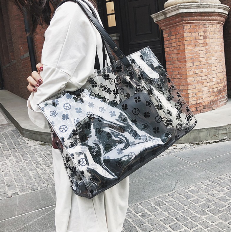 

Wholesale-Designer-20 new women new leisure capacity plastic bag wild pack transparent picture handbag shoulder bag large influx, Black