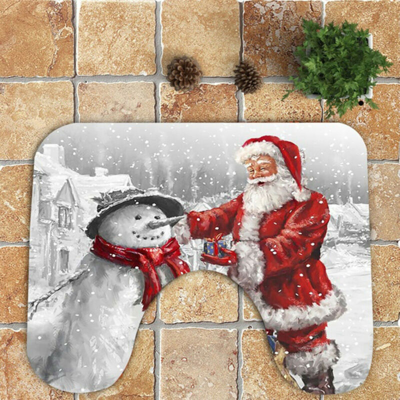 

Waterproof Christmas Snowman Shower Curtain Anti-slip Carpet Toilet Pads Covers
