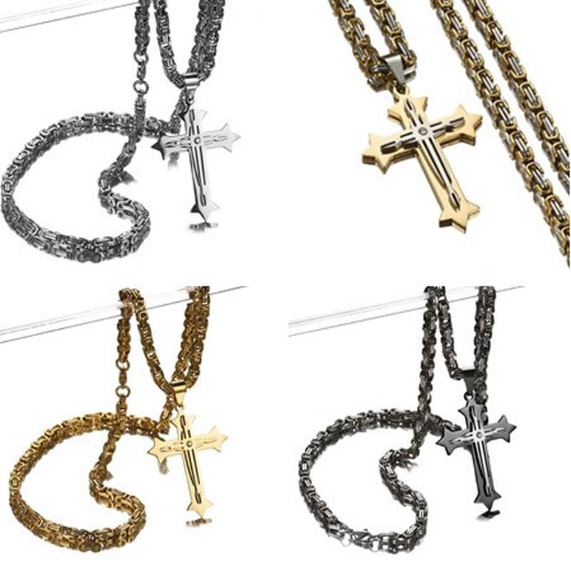 

Cool Cross Necklace For Men Byzantine Gold Silver Color Stainless Steel Chain Catholic Crucifix Pendant Male Punk Rock Ornaments