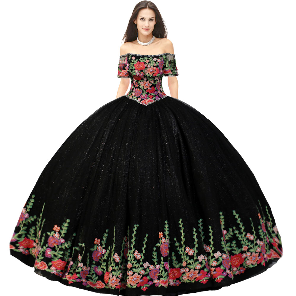 

Pretty Off Shoulder Scalloped Neck Sparkle Tulle Quinceanera Dress Black Colorful Bohemia Floral Applique Sweet 16 Dress Debutante Ball, Fuchsia