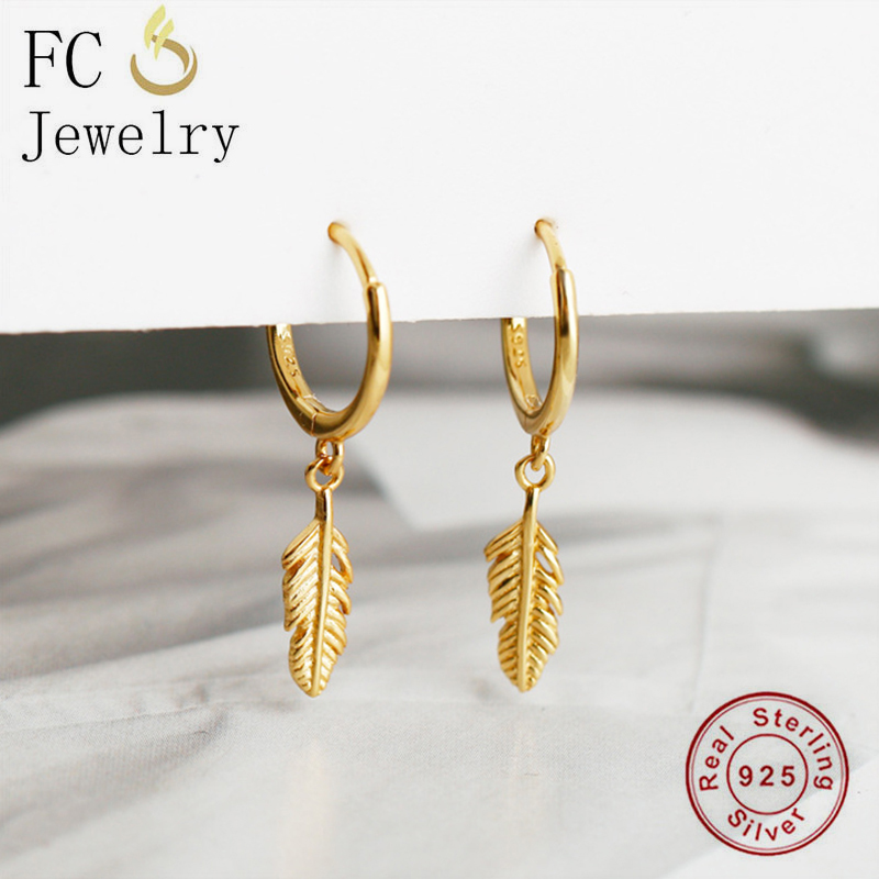 

FC Jewelry 925 Sterling Silver Gold Color Bohemian Leaf Feather Hoop Earring For Women Ear Piercing Pendientes 2020 Fashion