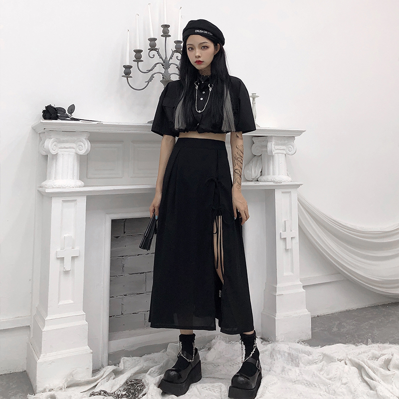 

Black skirt women ins summer new Harajuku dark loose thin irregular slit mid length A-line skirt