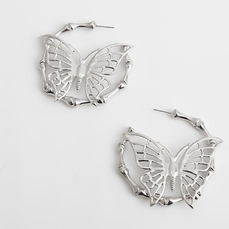 

New Korean Butterfly Earrings Gothic Vintage Silver Color Big Bamboo Earrings for Women Statement Fashion Jewelry