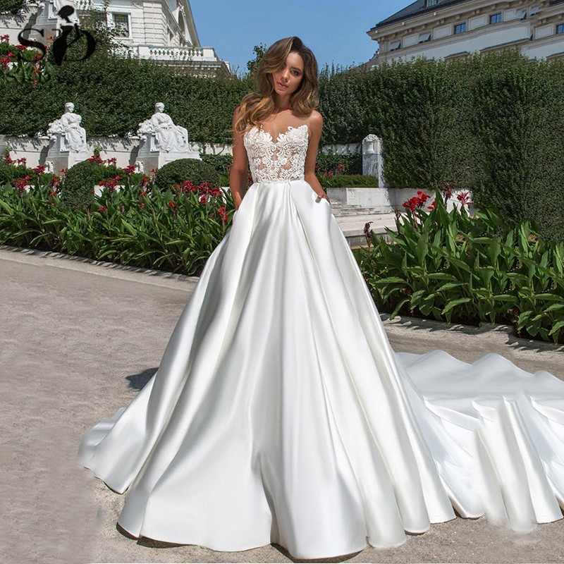 

Cheap A Line Stain Wedding Dresses Sexy Illusion Backless Bridal Gowns With Pockets Lace bohemian Wedding Gowns Vestidos, Ivory