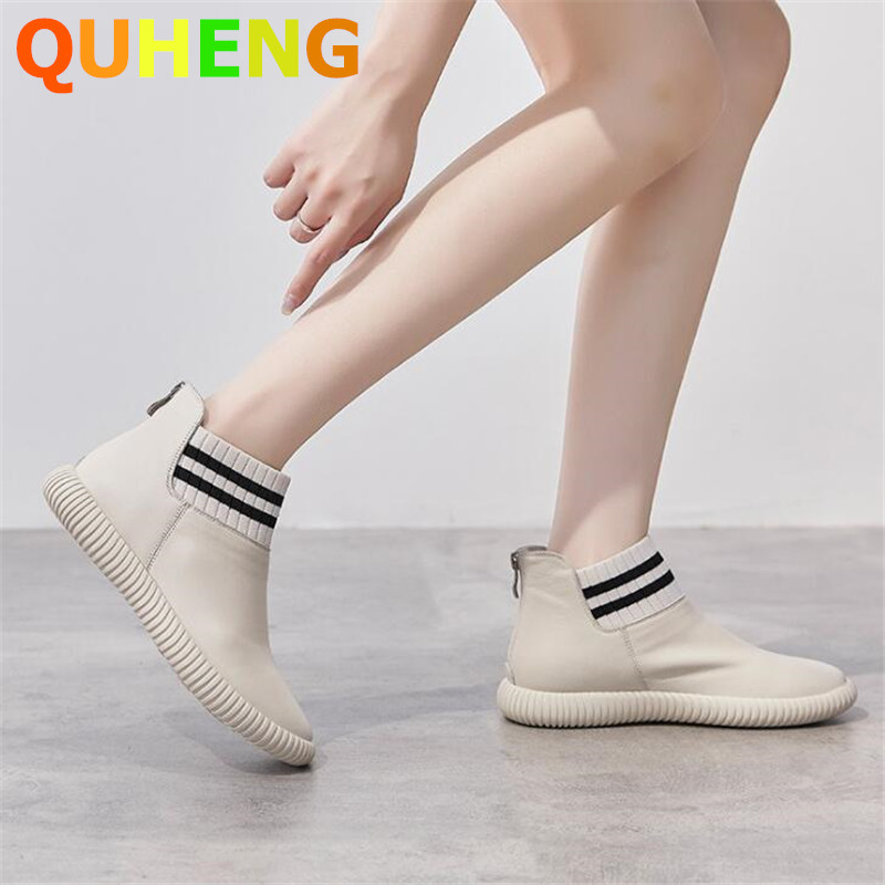 

Women's Boots Spring Autumn Short Boots Genuine Leather White Ankle 2020 New Woman Casual Comfort Flat, Black