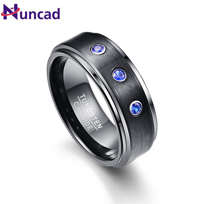 

NUNCAD Black Color Men's Tungsten Carbide Wedding Ring Blue CZ Brushed Finish Tungsten Steel Ring Comfort Fit Size 7 to 12