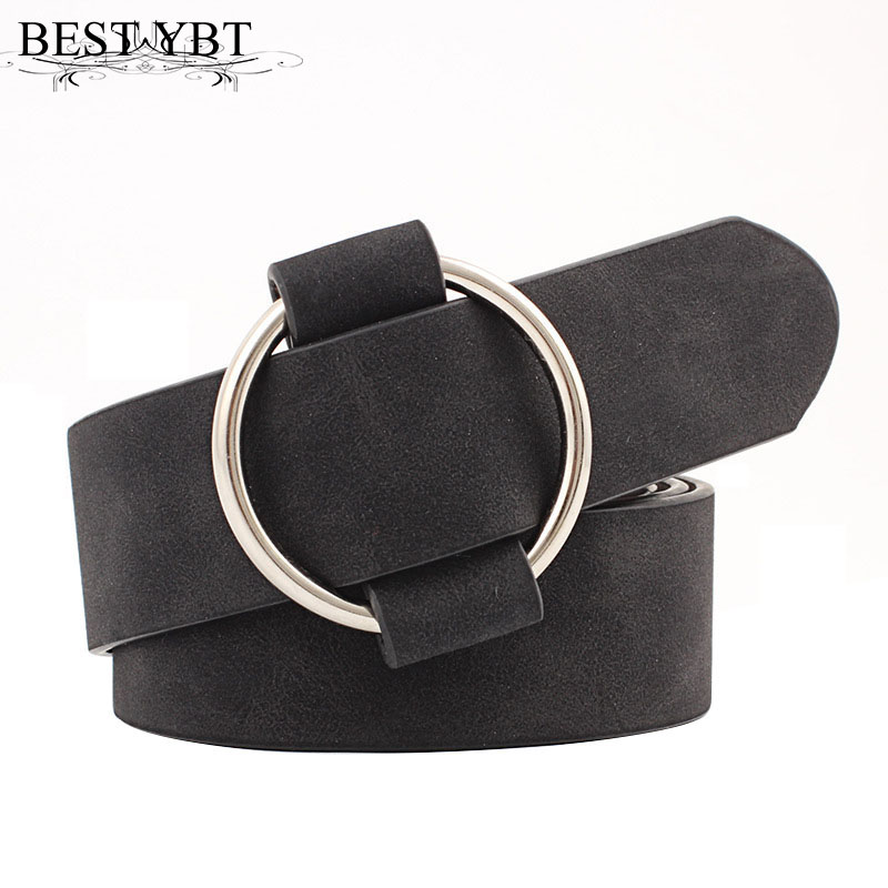 

Best YBT Women leather belt Newest Round buckle belts female leisure jeans wild without pin metal buckle Women strap belt, Black