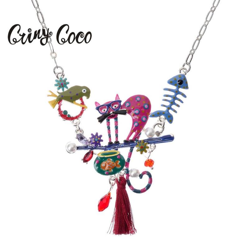 

Cring Coco 2020 Cute Cat Necklace for Women Fashion Enamel Crystal Bird Animal Choker Necklaces Alloy Tassels Jewelry Christmas