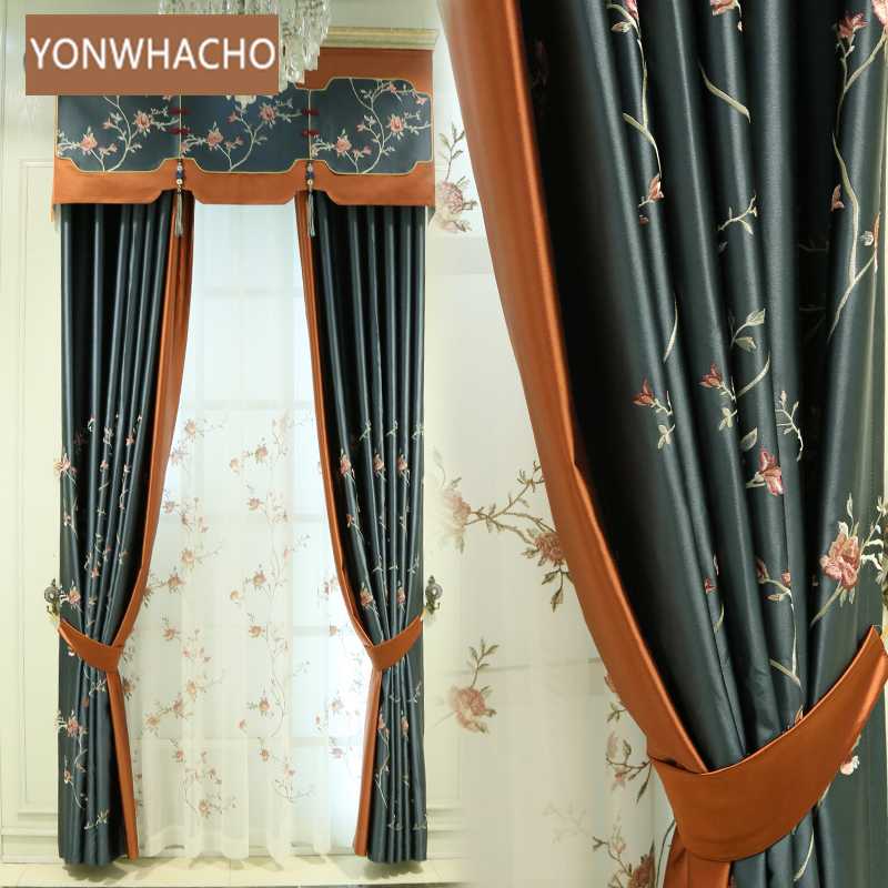 

Custom curtains high precision embroidery upscale Chinese living room blue cloth blackout curtain tulle valance drape B847