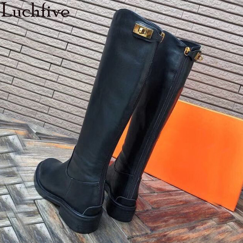 

Buckles Genuine Leather Women's Boots Square Heels Shoes Woman Round Toe Ladies Boots Sexy Zipper Black Sapatos Feminina