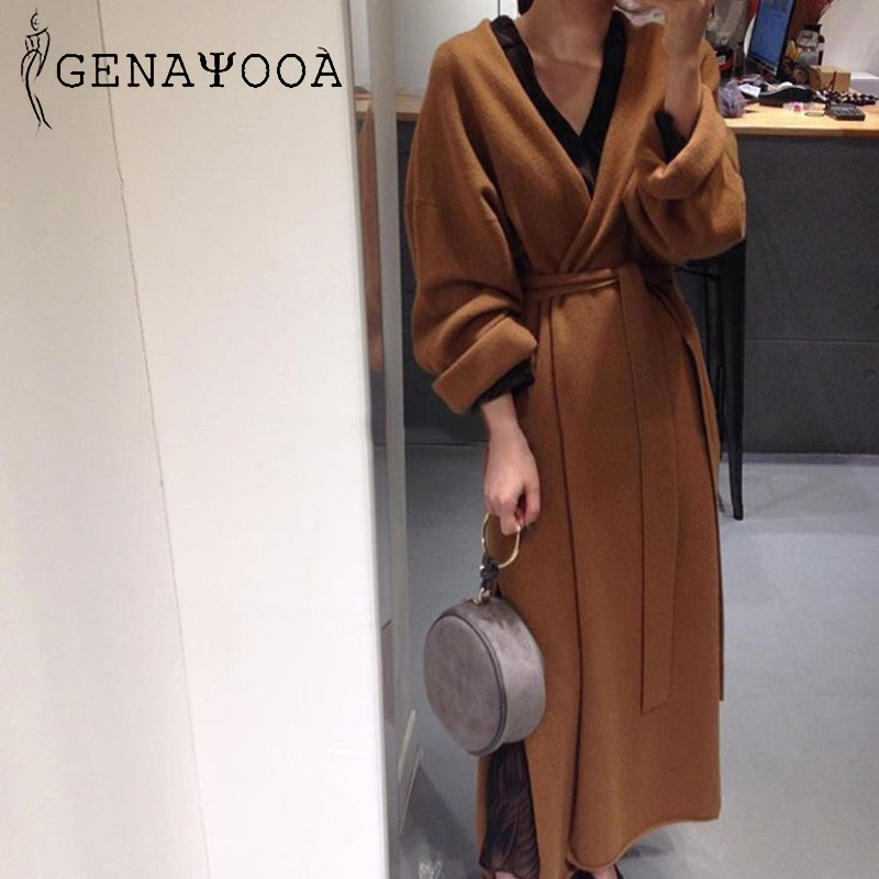 

Genayooa Knitting Kimono Cardigan With Belt Thin Sweater V Neck Long Loose Coat Woman Korean Fashion Casual 2020 Befree Harajuku, Beige