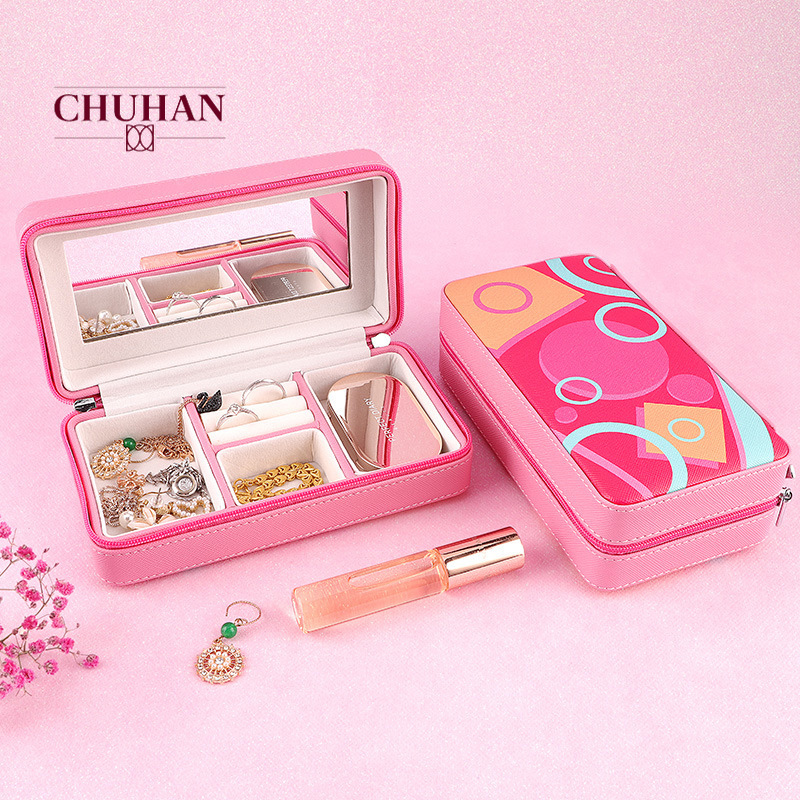 

CHUHAN New Pink PU Leather Jewelry Storage Box Earring Organizer Portable European Stud Ring Lipstick Jewelry Box C327