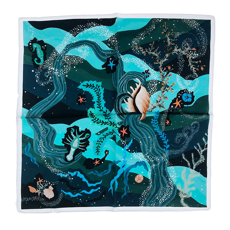 

2020 New Women Silk Scarf Square Blue Foulard Scarves Underwater World Head Kerchief Fashion Girl Hair Scarfs