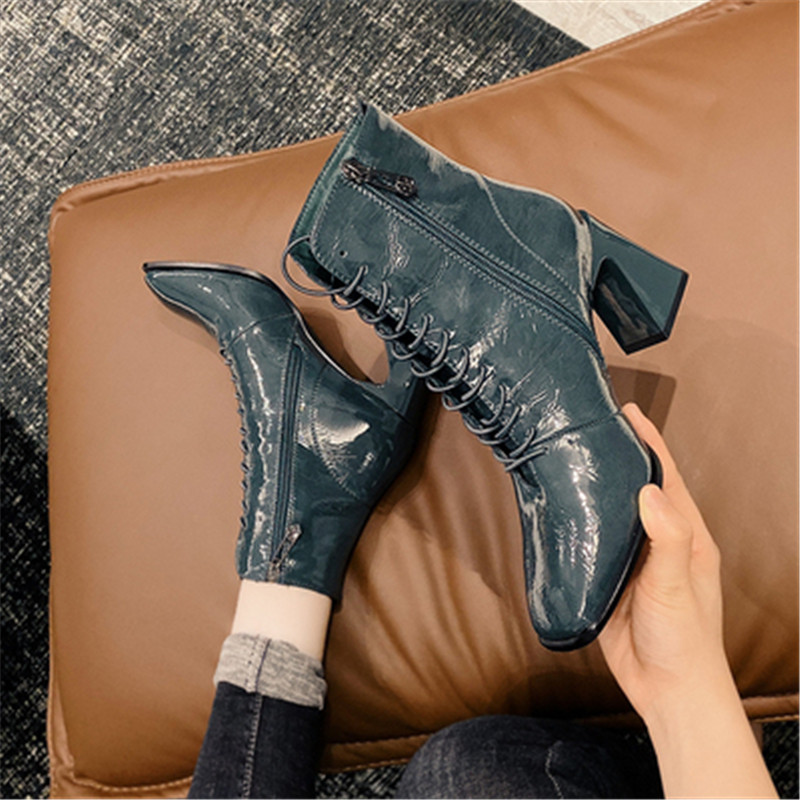 

Patent leather ankle boot woman 2020 new high-heeled shoes autumn winter thick soles versatile thin square head thick heel boots, Blue