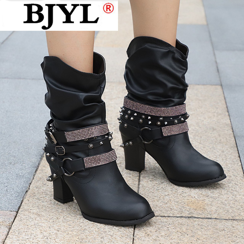 

2020 Winter Women's Boots Fashion Put-on High Heel Ankle Boots Pointed Toe Square-Heel Buckle Women's PU Zapatos De Mujer, Beige