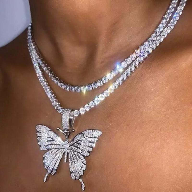 

High Quality Statment Big Butterfly Pendant Necklace Rhinestone Chain for Women Tennis Chain Crystal Choker Necklace Jewelry