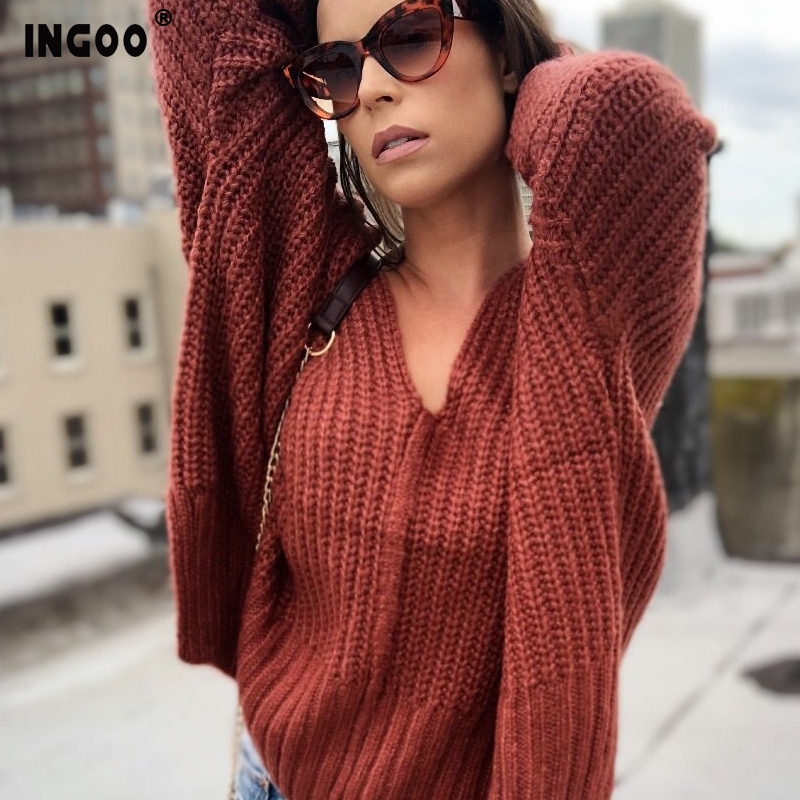 

INGOO Autumn Side Split Sweater V Neck Long Sleeve Winter Solid Warm Top Sexy Elegance Knitted Solid Plussize Oversized Sweaters, Khaki