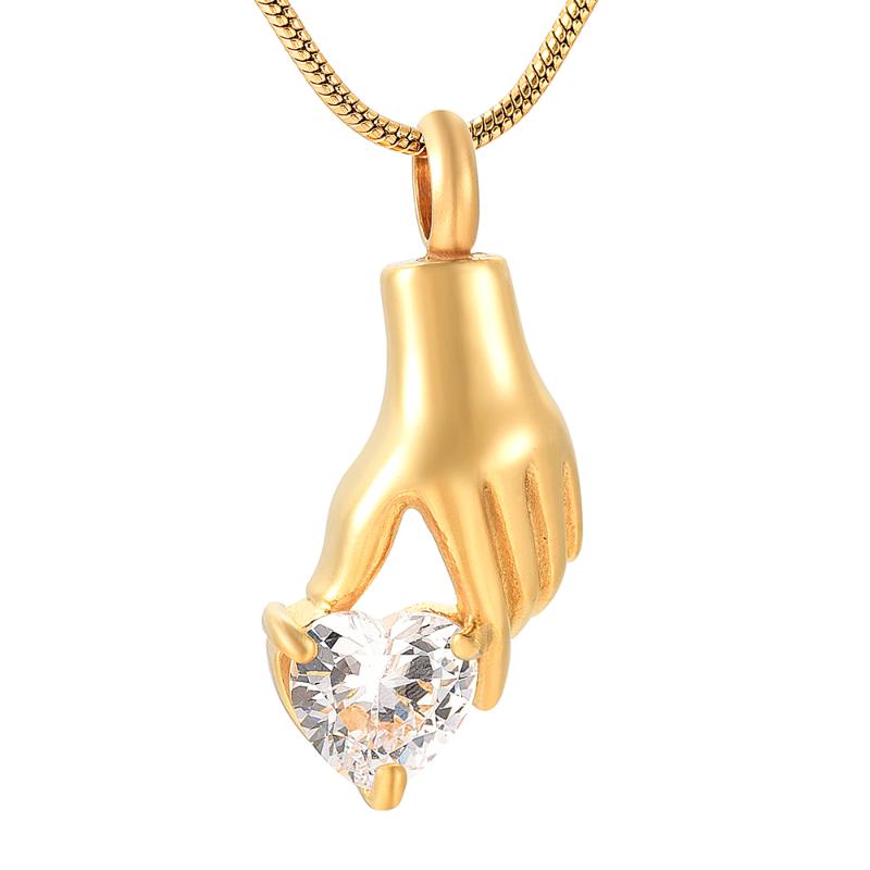 

IJD9231 Stainless Steel Cremation Gold Hand Ashes Urn Hold Crystal Heart Memorial Keepsake Pendant Necklace Charm Jewelry