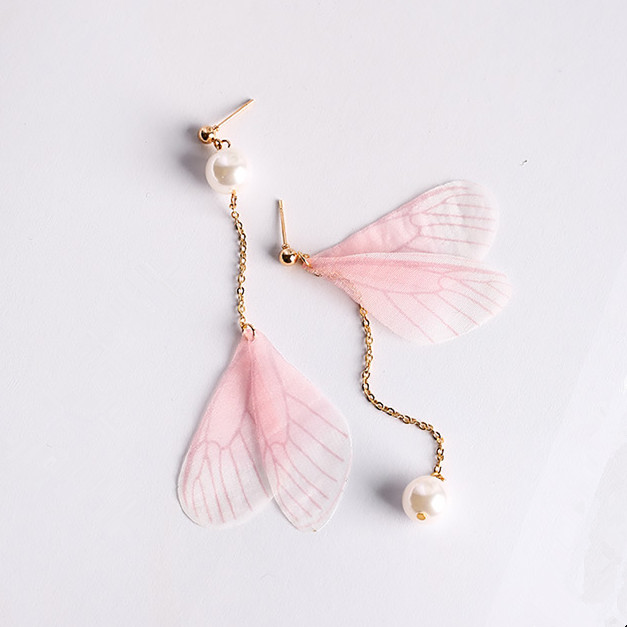 

2020 Korean Simple Butterfly Wing Earrings For Women Asymmetry Simulated Pearl Pendientes Trendy Handmade Drop Earrings