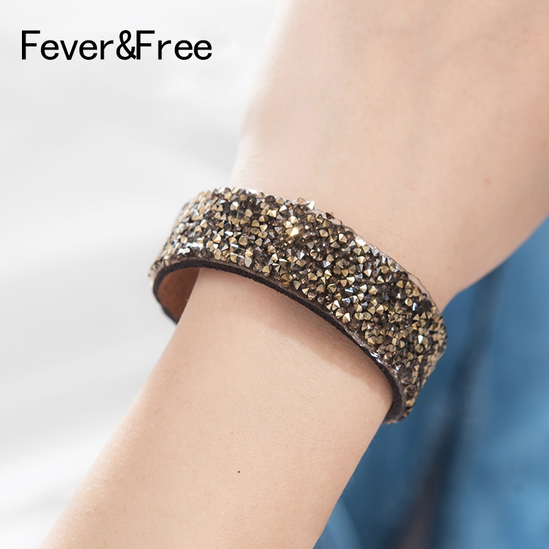 

Fever&Free Fashion Sparkling Crystal Rhinestone Wrap Bracelet Suede Wide Leather Bangles Bracelet Femme Fashion Bijoux Wholesale