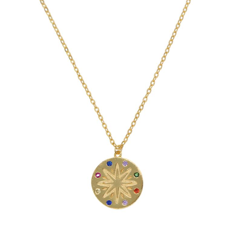 

Multi color cubic zirconia paved Star line Round coin pendant necklace fashion simple bohemia geometric collar