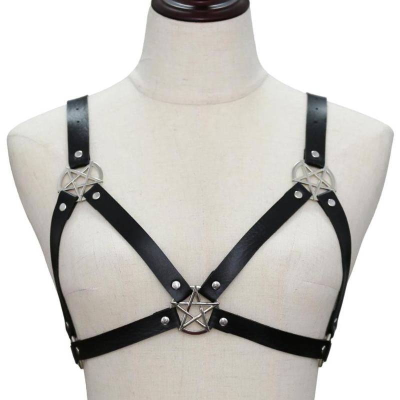 

KMVEXO 2020 New Punk Gothic Style Metal Stars Bra Body Chest Necklaces for Women Leather Harness Anime Necklace Street Jewelry