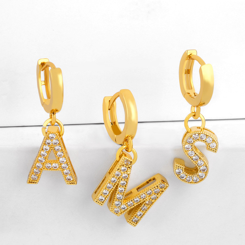 

2020 Trendy fashion Alphabet letter earing Zircon micrro-inlaid huggie earring 18k gold plated brass copper earings for women christmas gift, Golden;silver