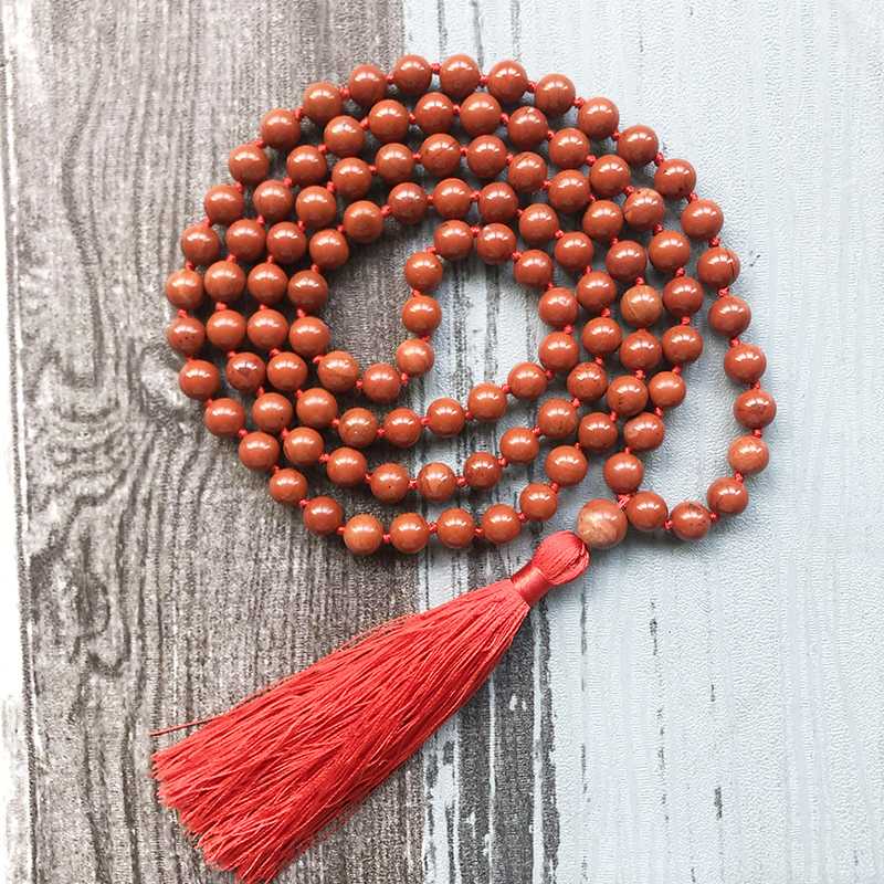 

Buddhist Prayer Beads Jewelry For Women 108 Red line Stone Necklace Healing Stone Red Necklaces With Long Tassel