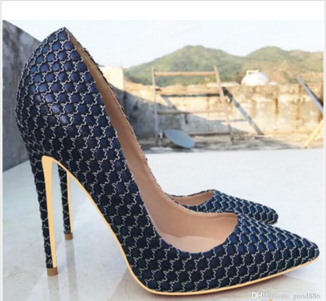 

20 new type Navy Blue Women's High-heeled Shoes Fine heel pointed single shoes 8cm 10cm 12cm large size 45 Nightclub dance Red bottom shoes, Black