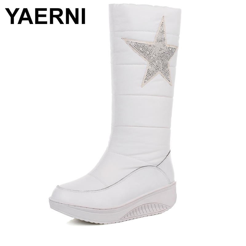 

YAERNI 2020 Winter New Cotton Fashion Waterproof Down Plush Fur Knee High Boots Platform Wedge Russian Keep Warm Shoes E674, Black