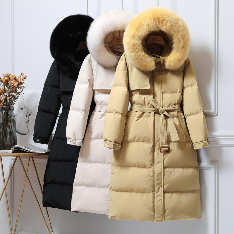 

2020 Winter Long White Duck Down overcoat Female New Warm Parker Down Jacket Woman Middle Long Large Fur Collar Jacket, Beige