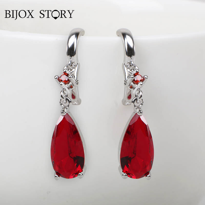 

BIJOX STORY vintage female earrings 925 sterling silver with water drop shape ruby emerald earring for wedding anniversary party