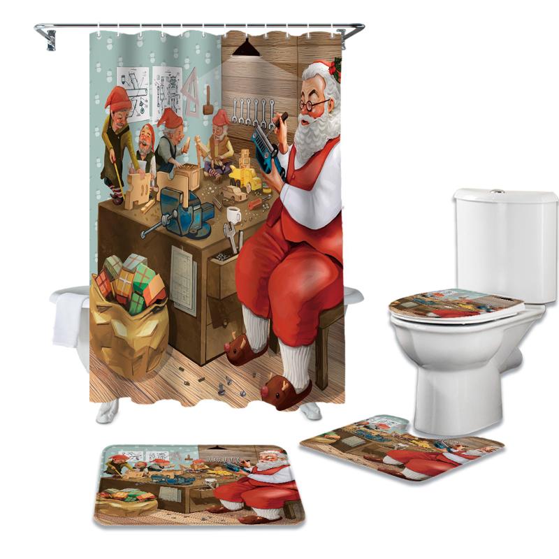 

Christmas Santa Claus Gift Making Dwarf Shower Curtain Waterproof Shower Curtain Set Bathroom and Rug Sets
