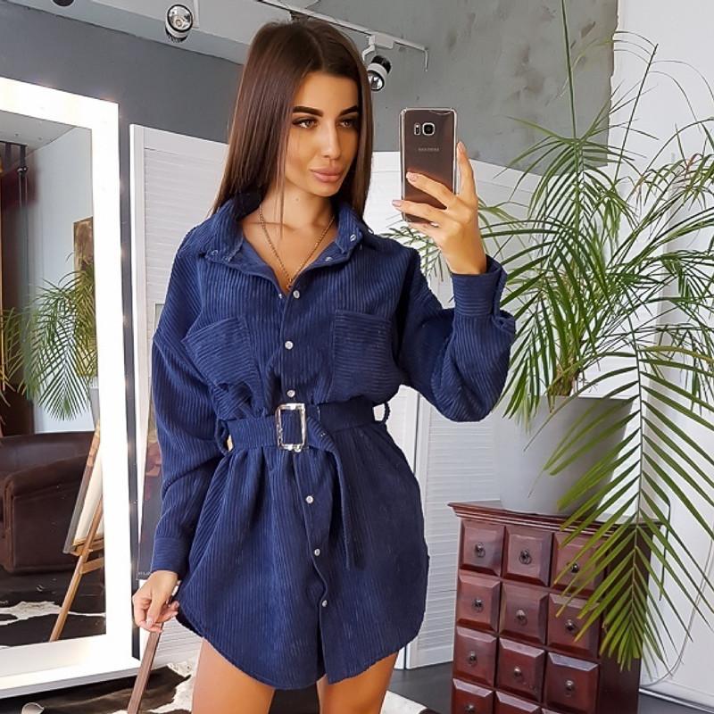 

Women Winter Belt Straight Mini Dress Ladies Long Sleeve Turn Down Collar Party Dress 2019 Solid Vintage Fashion Dress, Brown