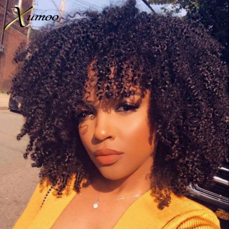 

XUMOO Cheap Remy Hair Wig Black Full Machine Made Wig Afro Curly Kinky Human Hair Wigs With Bangs None Lace Wigs For Black Women, As pic