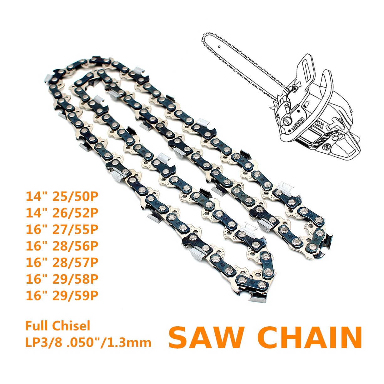 

Professional Saw Chain Full Chisel Pitch 3/8 Gauge .050"/1.3mm Length 50 52 55 56 57 58 59 Pitch is Available