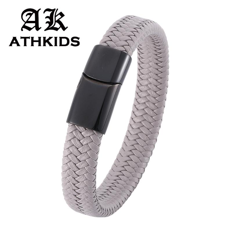 

Punk Men Jewelry Gray Leather Rope Bracelets Male Wrist Band Stainless Steel Magnetic Clasp Fashion Bracelet Bangle Gifts PD0007