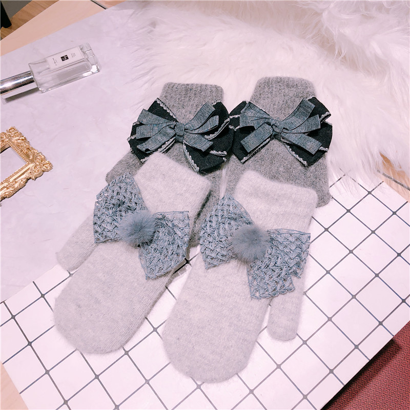 

New women Korean Mittens student's bow hair thick female winter warm gloves