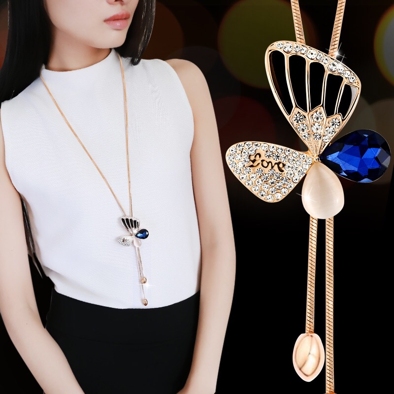 

BYSPT Fashion Joker Blue Gray Crystal Long Waterdrop Dress Adornment Necklace The Female Butterfly Sweater Chain