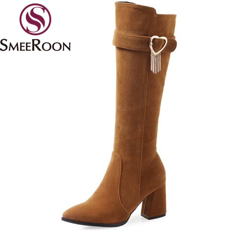 

Smeeroon big size flock knee high boots zipper boots pointed toe warm winter women's shoes with metal decoration, Black
