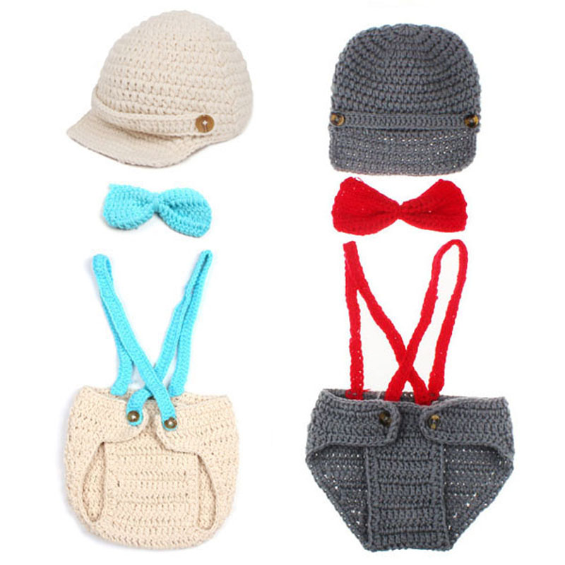 

Gentleman Design Photography Props Newborn Baby Costume Outfit Infant Beret Suspender Diaper Set Handmade Knit Beanie Cap H194, Color 3