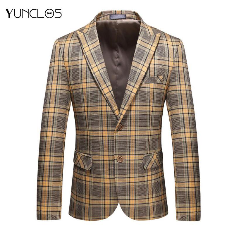 

YUNCLOS Autumn Men Blazer Jacket High Quality Casual Suit Jacket Men' Business Plaid Print Blazers Dress Coat Costume Homme, As shown