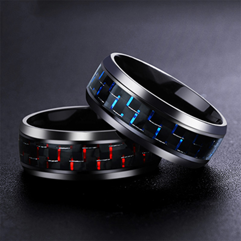 

Black Carbon Fiber Mens Cool Rings Stainless Steel Man's Fashion Red Blue Ring Anel Masculino Jewelry, Silver