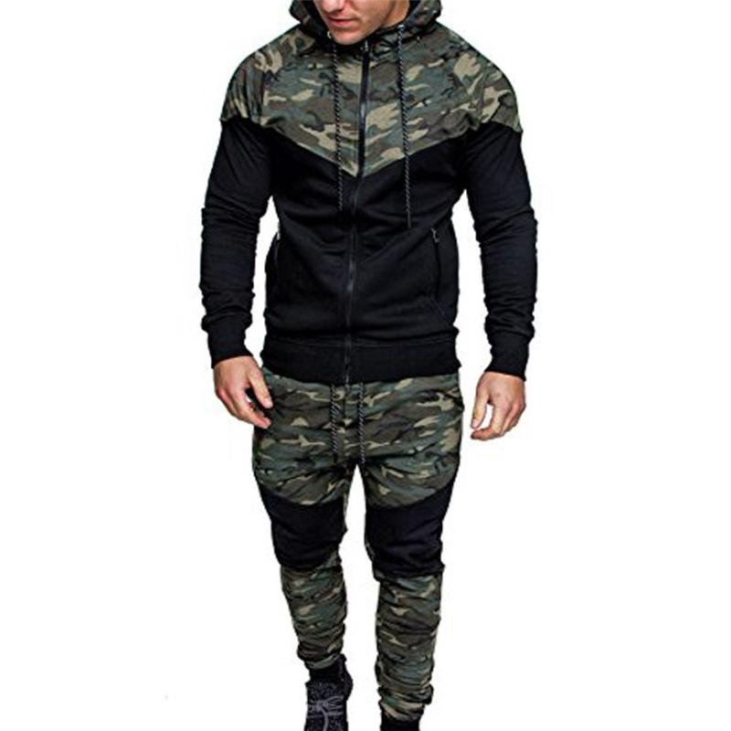 

Men Camouflage Printed Set 2020 New Causal Patchwork Jacket Tracksuit Sportswear Hoodies Sweatshirt Pants Jogger Suit, Black